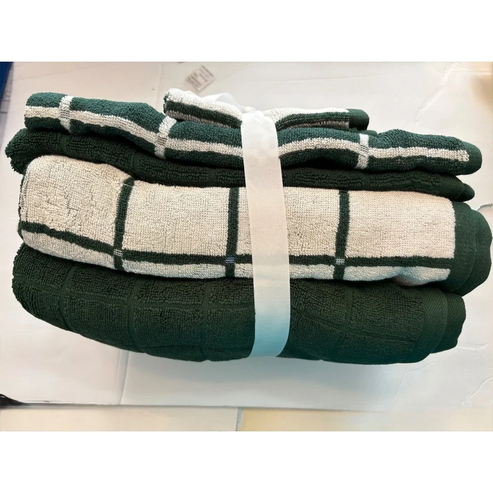 Room Essentials 6 Piece Bath Towel Set Green White Windowpane Plaid 100% Cotton‎